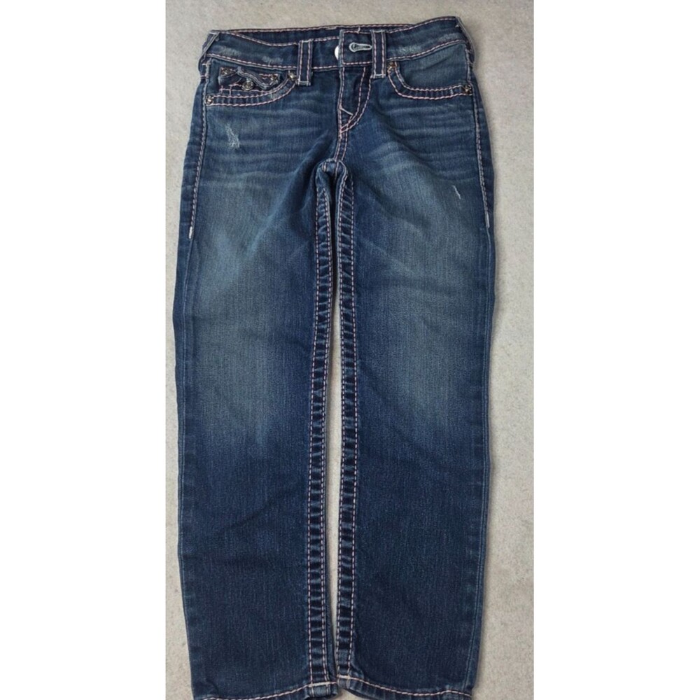 True Religion Girls Size 7 Skinny Jeans Blue Pink Stitch Horseshoe Y2K